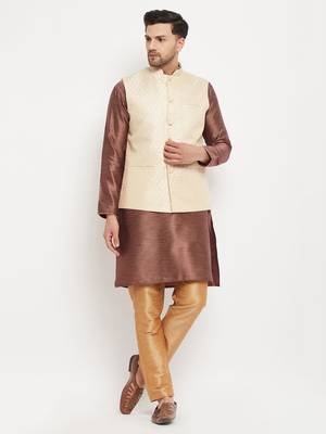 Cream, Maroon Amd Rose Gold Silk Blend Jacket, Kurta And Pyjama Set 1