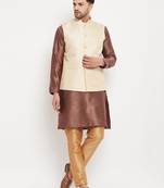 Cream, Maroon Amd Rose Gold Silk Blend Jacket, Kurta And Pyjama Set