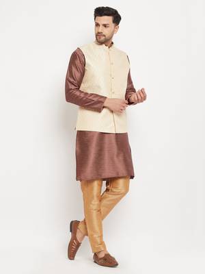 Cream, Maroon Amd Rose Gold Silk Blend Jacket, Kurta And Pyjama Set 2