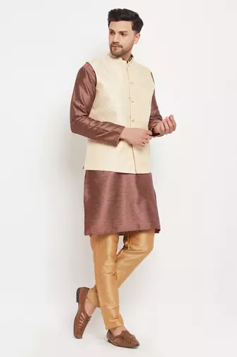 Cream, Maroon Amd Rose Gold Silk Blend Jacket, Kurta And Pyjama Set