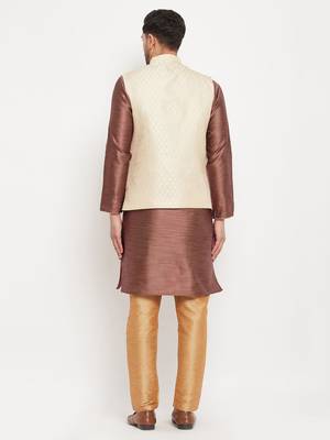 Cream, Maroon Amd Rose Gold Silk Blend Jacket, Kurta And Pyjama Set 3