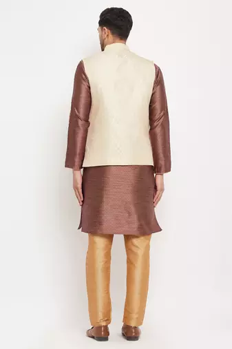 Cream, Maroon Amd Rose Gold Silk Blend Jacket, Kurta And Pyjama Set