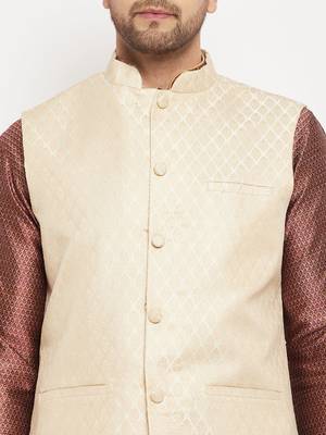 Cream, Maroon Amd Rose Gold Silk Blend Jacket, Kurta And Pyjama Set 4