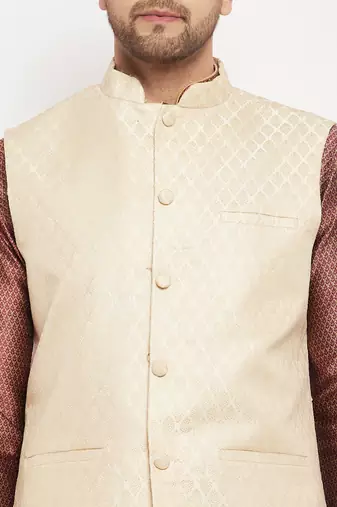 Cream, Maroon Amd Rose Gold Silk Blend Jacket, Kurta And Pyjama Set