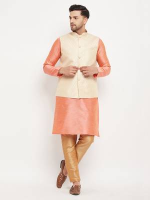Cream,Pink And Rose Gold Silk Blend Jacket, Kurta And Pyjama Set 1