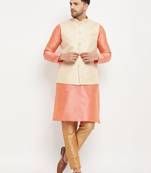 Men'S Cream,Pink And Rose Gold Silk Blend Jacket, Kurta And Pyjama Set