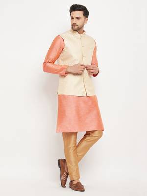 Cream,Pink And Rose Gold Silk Blend Jacket, Kurta And Pyjama Set 2