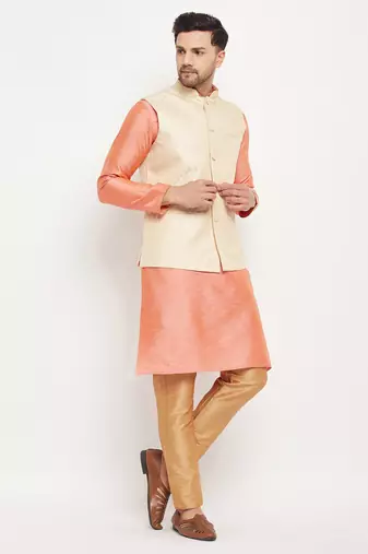 Cream,Pink And Rose Gold Silk Blend Jacket, Kurta And Pyjama Set