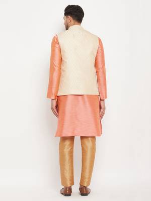 Cream,Pink And Rose Gold Silk Blend Jacket, Kurta And Pyjama Set 3