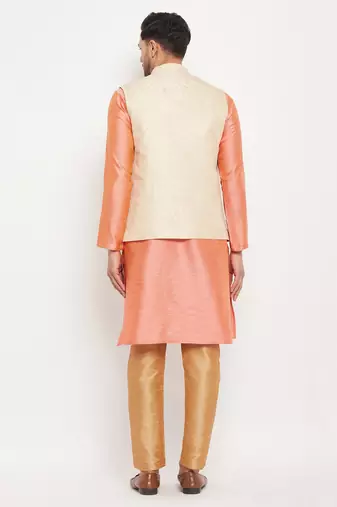 Cream,Pink And Rose Gold Silk Blend Jacket, Kurta And Pyjama Set