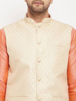 Cream,Pink And Rose Gold Silk Blend Jacket, Kurta And Pyjama Set 4