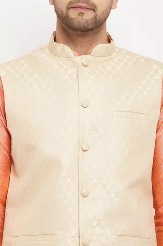 Cream,Pink And Rose Gold Silk Blend Jacket, Kurta And Pyjama Set