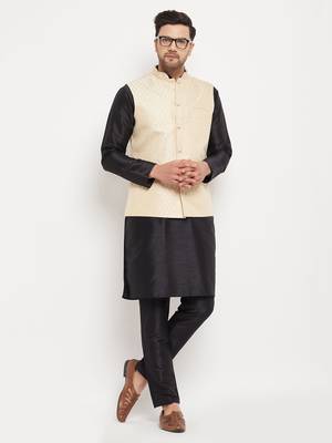 Cream And Black Silk Blend Jacket, Kurta And Pyjama Set 1