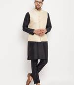 Cream And Black Silk Blend Jacket, Kurta And Pyjama Set