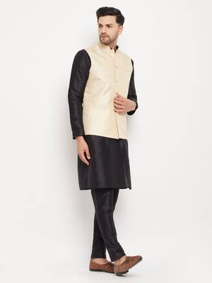 Cream And Black Silk Blend Jacket, Kurta And Pyjama Set 2
