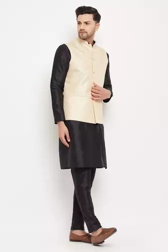Cream And Black Silk Blend Jacket, Kurta And Pyjama Set