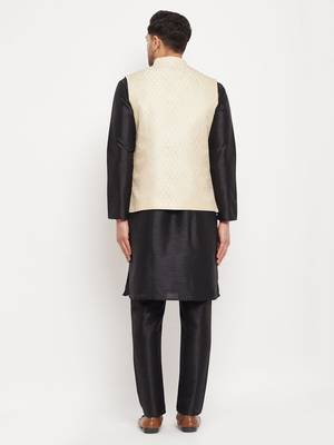 Cream And Black Silk Blend Jacket, Kurta And Pyjama Set 3