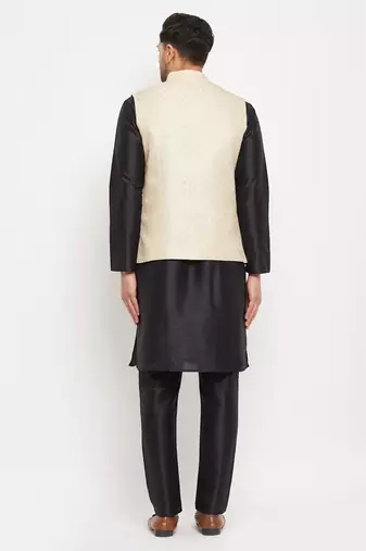 Cream And Black Silk Blend Jacket, Kurta And Pyjama Set