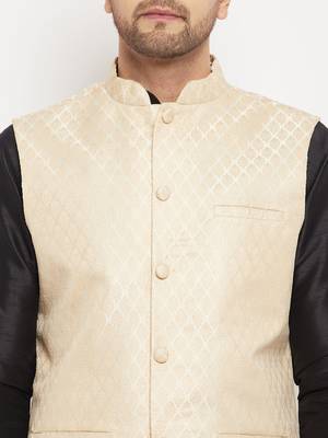 Cream And Black Silk Blend Jacket, Kurta And Pyjama Set 4