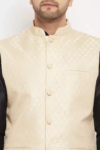 Cream And Black Silk Blend Jacket, Kurta And Pyjama Set
