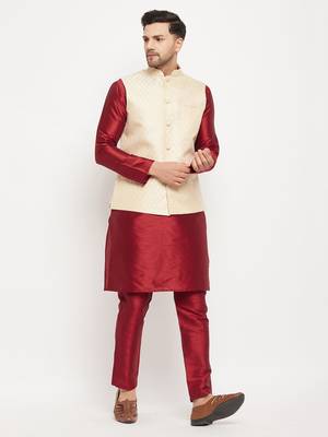 Cream And Maroon Silk Blend Jacket, Kurta And Pyjama Set 1