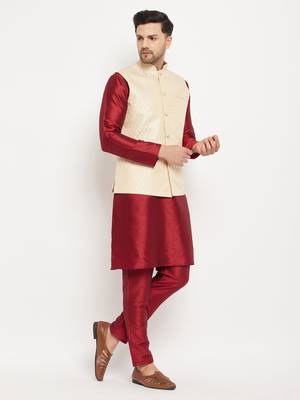 Cream And Maroon Silk Blend Jacket, Kurta And Pyjama Set 2