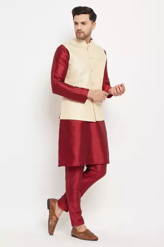 Cream And Maroon Silk Blend Jacket, Kurta And Pyjama Set