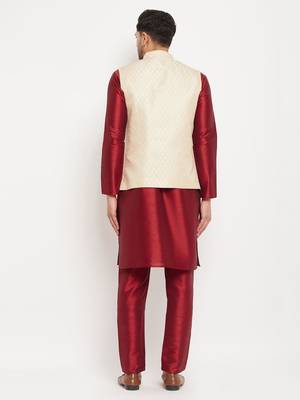 Cream And Maroon Silk Blend Jacket, Kurta And Pyjama Set 3