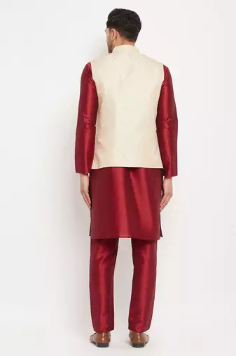 Cream And Maroon Silk Blend Jacket, Kurta And Pyjama Set