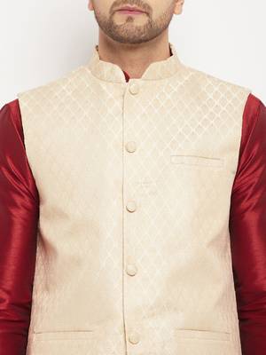Cream And Maroon Silk Blend Jacket, Kurta And Pyjama Set 4