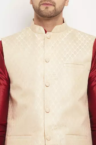 Cream And Maroon Silk Blend Jacket, Kurta And Pyjama Set