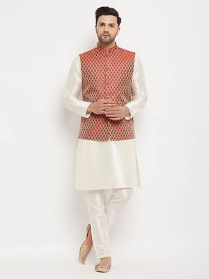 Cream And Maroon Silk Blend Jacket, Kurta And Pyjama Set 1