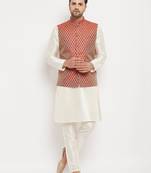 Cream And Maroon Silk Blend Jacket, Kurta And Pyjama Set