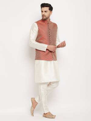 Cream And Maroon Silk Blend Jacket, Kurta And Pyjama Set 2