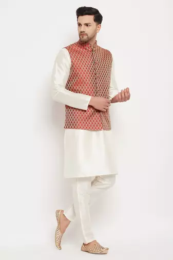 Cream And Maroon Silk Blend Jacket, Kurta And Pyjama Set