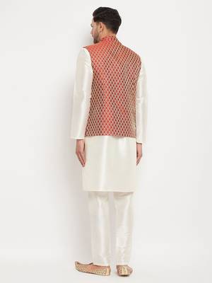 Cream And Maroon Silk Blend Jacket, Kurta And Pyjama Set 3