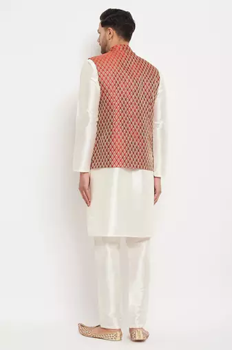 Cream And Maroon Silk Blend Jacket, Kurta And Pyjama Set