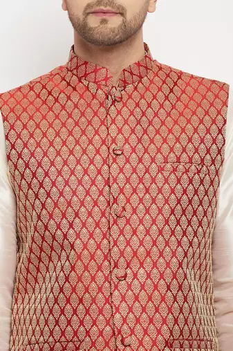 Cream And Maroon Silk Blend Jacket, Kurta And Pyjama Set