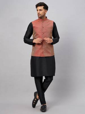 Black And Maroon Silk Blend Jacket, Kurta And Pyjama Set 1