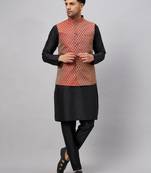 Men'S Black And Maroon Silk Blend Jacket, Kurta And Pyjama Set