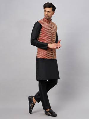 Black And Maroon Silk Blend Jacket, Kurta And Pyjama Set 2