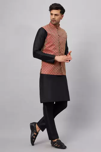 Black And Maroon Silk Blend Jacket, Kurta And Pyjama Set