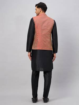 Black And Maroon Silk Blend Jacket, Kurta And Pyjama Set 3
