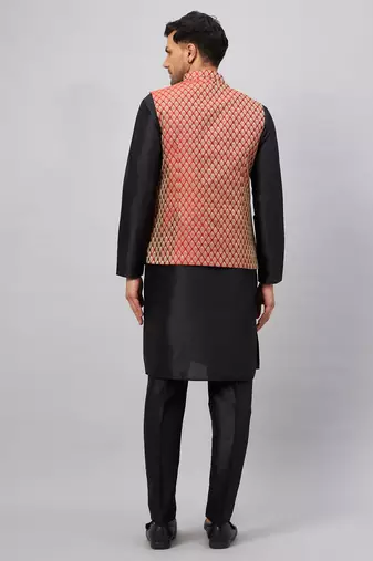 Black And Maroon Silk Blend Jacket, Kurta And Pyjama Set