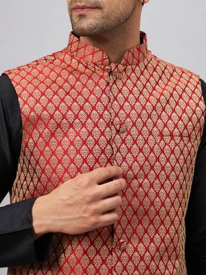 Black And Maroon Silk Blend Jacket, Kurta And Pyjama Set 4