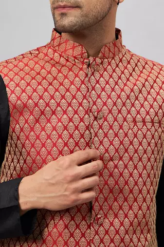 Black And Maroon Silk Blend Jacket, Kurta And Pyjama Set