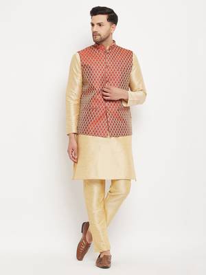 Maroon And Gold Silk Blend Jacket, Kurta And Pyjama Set 1