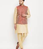 Maroon And Gold Silk Blend Jacket, Kurta And Pyjama Set