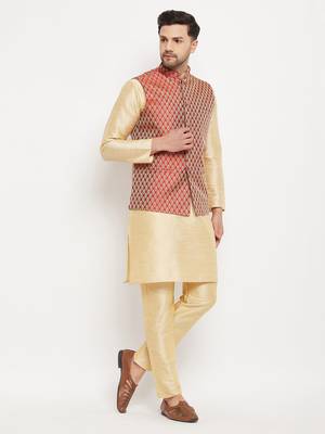 Maroon And Gold Silk Blend Jacket, Kurta And Pyjama Set 2