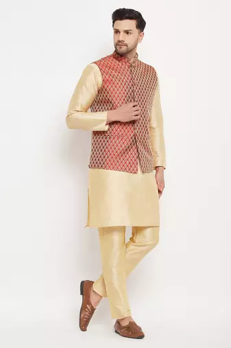 Maroon And Gold Silk Blend Jacket, Kurta And Pyjama Set